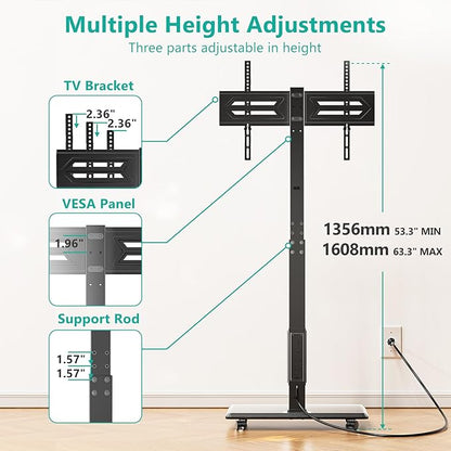 WALI Floor TV Stand with Power Outlet, Rolling Tall TV Stand Mount with Wheels for 32-75 inch TV up to 110 lbs, Swivel Height Adjustable TV Cart with Wood Base for Bedroom(TVDVD-7PR), Black
