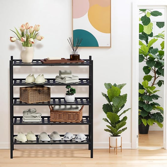 Haddockway 5 Tier Bamboo Shoe Rack Storage Organizer, Multifunctional Free Standing Stackable Shoe Shelf with Grid Panel for Closet,Hallway,Entryway,Small Space 27"x11"x32"(Black, 5 Tier)
