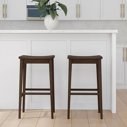 Plank+Beam Smythe Bar Stool, 30", Set of 4, Sturdy Wood Modern Kitchen Bar Height Stool, Saddle Seat Backless Bar Chair, Metal Footrest, Walnut