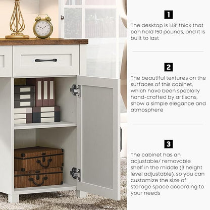 Farmhouse 47" Executive Desk, Computer Desk with 2 Drawers, LED Light and Storage Cabinet, Home Office Desk with Hutch, Charging Hub, Workstation for Home Office and Study.Unique White