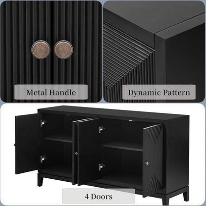 Merax 60" Sideboard Buffet Storage Cabinet with 4 Doors and Adjustable Shelves, Modern Wooden Accent Fluted Credenza Console Table for Kitchen, Study, Dining, Living Room, Coffee Bar, Entryway, Black