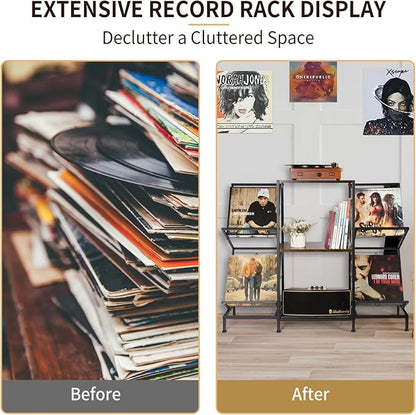Record Player Stand with Vinyl Record Storage, Turntable Stand with 4-Tier Vinyl Display Shelf & Metal Frame, Record Holder for Living Room, Rustic Brown