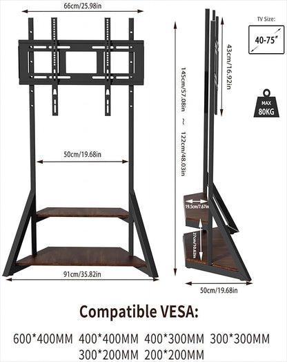 unho Floor TV Stand with Mount, for 40 45 55 65 75 inch Corner tv Stand with Wheels Adjustable Height Bracket Heavy Duty 2 Wooden Shelves Base VESA 600x400mm Max Load Bearing 176 pounds