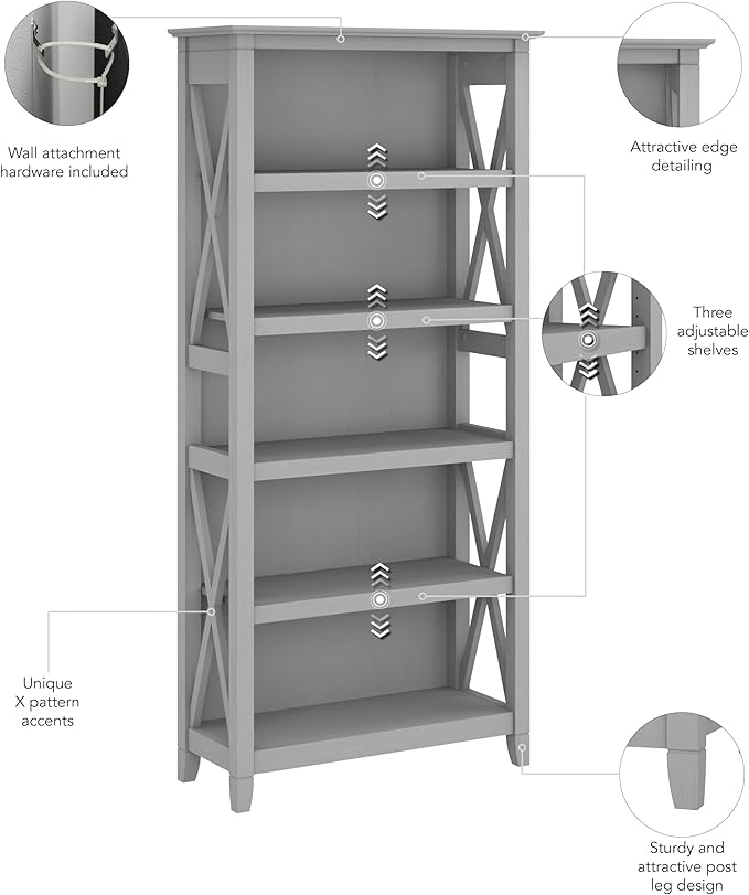 Bush Furniture Tall 5 Shelf Bookcase for Living Room or Home Office, Large Bookshelf, Modern Farmhouse Style, Key West Collection, Cape Cod Gray