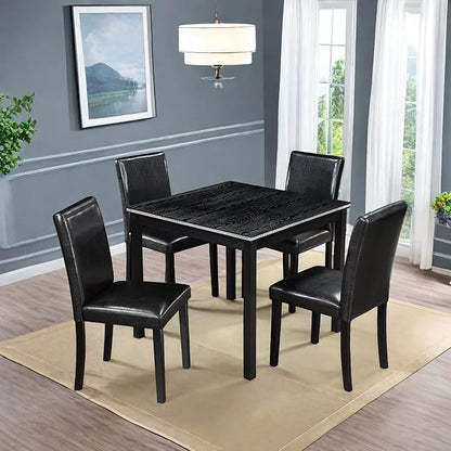 Dining Table Sets, 5-Piece Kitchen Table & Chair Sets with Square Crystal Decoration Table & 4 PU Upholstered Chairs,Wooden Dining Table Set for Dining Room,Black