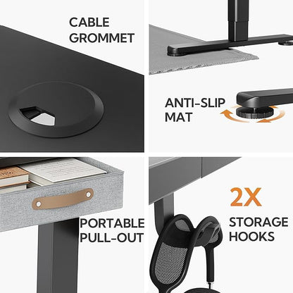 Seang Standing Desk with Drawer, 40" x 24" Height Adjustable Stand Up Desk, 3 Memory Height Settings with Cable Grommets & Storage Hooks, Ideal for Home & Office, Black