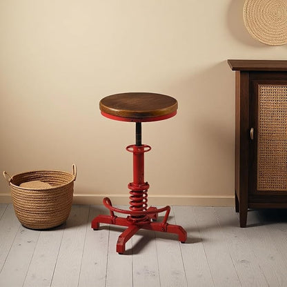 LOKKHAN American Antique Steampunk Bar Stool 24.41"-28.35" Vintage Industrial Adjustable Swivel Backless Counter Stool for Home, Dining, Breakfast, Pub, (Heavy Duty Metal & Wood, Aged Red, Brown Top)