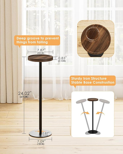 Drink Table, Small Pedestal Side Table, Round Cocktail Table, Circle Accent End Table with Metal Base, for Small Spaces (1, Brown Walnut)