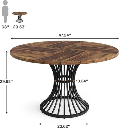 Tribesigns Round Dining Table for 4-6 People, 47-Inch Farmhouse Dinning Room Circle Kitchen Table, Industrial Dinner Table with Metal Base for Kitchen, Living Room, Black and Brown