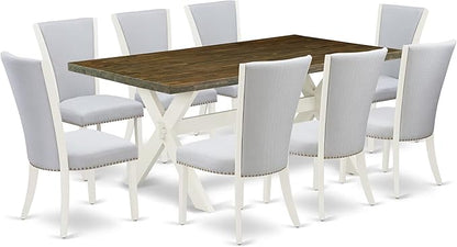 East West Furniture X077VE005-9 9 Piece Modern Dining Table Set Includes a Rectangle Wooden Table with X-Legs and 8 Grey Linen Fabric Parsons Dining Chairs, 40x72 Inch, Multi-Color