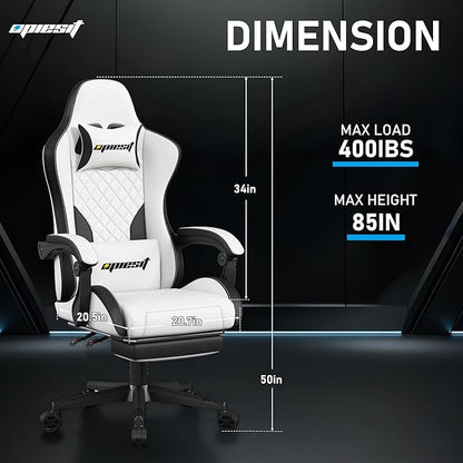 Gaming Chair,Ergonomic Computer Chairs for Adults with Footrest, PU Leather Office Chair with Adjustable Lumbar Support & Pocket Spring Cushion - Heavy Duty 400lb Capacity Gamer Chair (White)