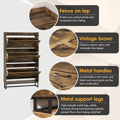 Maupvit Shoe Storage Cabinet with 3 Flip Drawers, Freestanding Organizer with Metal Legs for Entryway, Narrow Shoe Rack Cabinet, Rustic Brown
