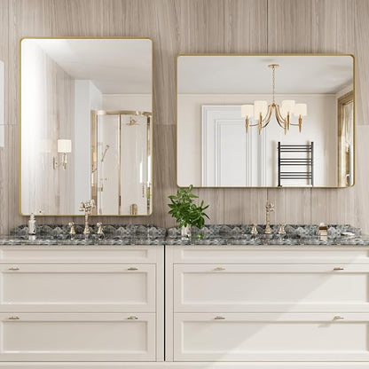 Gold Bathroom Mirror, 48x36 Inch Brushed Gold Metal Frame Mirror for Wall, Rounded Rectangle Bathroom Vanity Mirror, Tempered Glass, Anti-Rust, Horizontal/Vertical