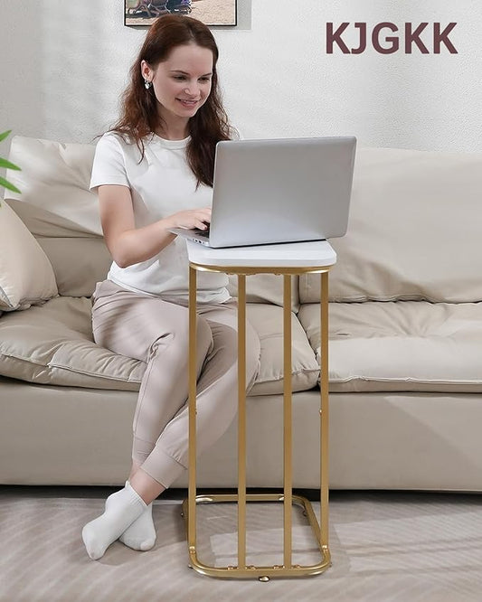 C Shaped End Table Set of 2, 27 Inches High Small Side Table for Sofa and Bed, Couch Table That Slides Under, Tall Tv Tray Table for Living Room, Bedroom, Metal Frame, Gold & Snow White