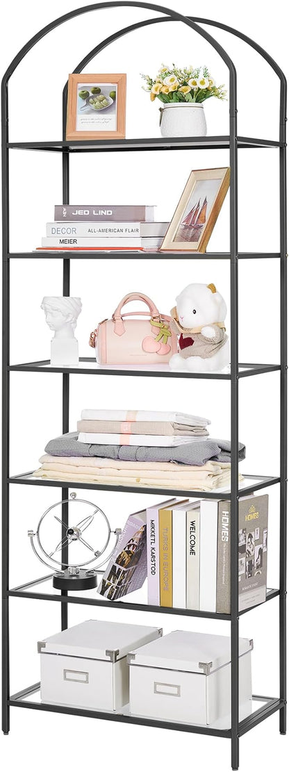 Homhedy Bookshelf Arched Display Racks,Metal Bookcase,Tempered Glass Shelves,Storage Rack Shelf for Home Office,Living Room,Bedroom, Bathroom,Modern Style (Black, 11.8" D x 23.6" W x 73.6" H)