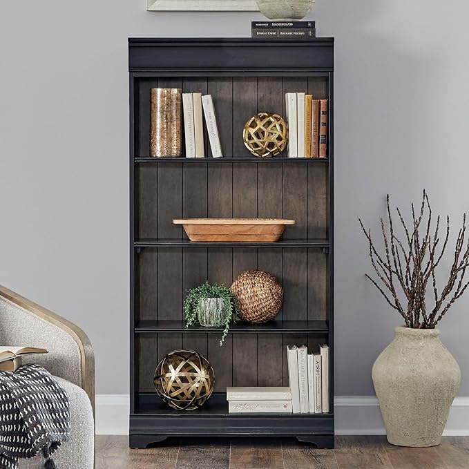 Liberty Furniture Meritage Stepped Bookcase Wall - 4 Piece Set for Home Office - Aged Charcoal w/Rub Thru & Caramel