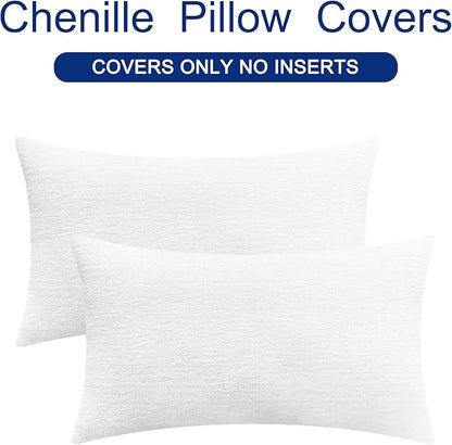 CaliTime Throw Pillow Covers Decorative 12 X 20 Inches Pack of 2 Cozy Chenille Cushion Cases for Couch Sofa Bed Living Room Home True White