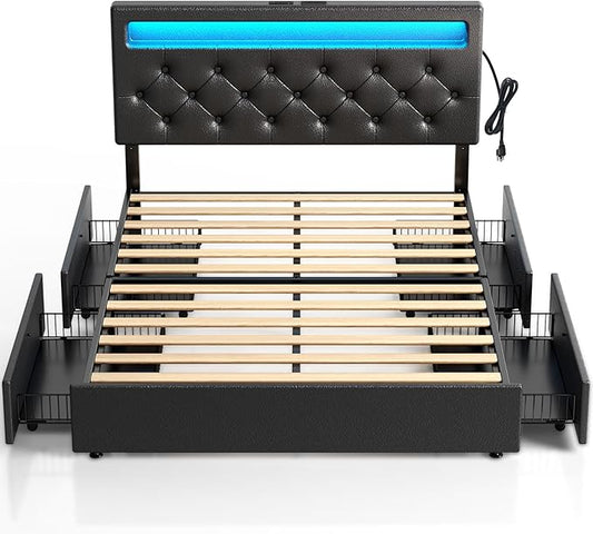Rolanstar Queen Bed Frame with 4 Storage Drawers and Charging Station, Queen Bed with Led Lights, 2 USB & 1 Type C, Adjustable Headboard 38.9/40.8 Inches, No Box Spring Needed, Black