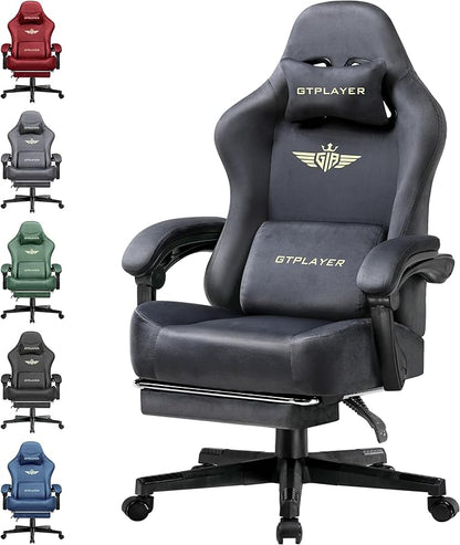 GTPLAYER Gaming Chair Fabric with Pocket Spring Cushion, Big and Tall Gamings Chairs 350LBS High Back Computer Chair with Footrest for Adults Lumbar Support Swivel Game Chair for Office Light Gray