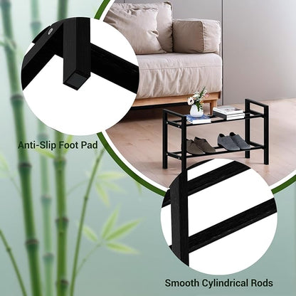 Haddockway Bamboo Shoe Rack for Closet, Free Standing Shoe Organizer with Smooth Round Rods & Convenient Handles, Stackable Shoe Storage Shelf for Entryway, Hallway(Black, 2-Tier(Small))