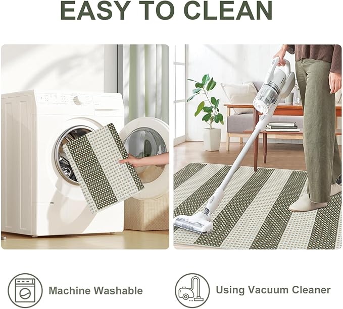 OJIA Striped Outdoor Area Rug 4'x6' Washable Patio Rugs Cotton Woven Living Room Rug Farmhouse Indoor Outdoor Rugs Large Floor Carpet for Courtyard/Bedroom/Entryway (Green/White/Tan)