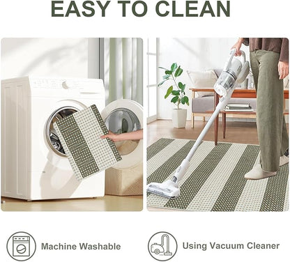OJIA Striped Outdoor Area Rug 4'x6' Washable Patio Rugs Cotton Woven Living Room Rug Farmhouse Indoor Outdoor Rugs Large Floor Carpet for Courtyard/Bedroom/Entryway (Green/White/Tan)