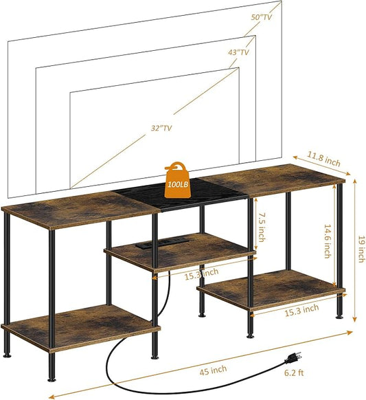 BTY Rustic TV Stand with Storage, 50 inch TV Console Table with Charging Station 3 Tier Small Entertainment Center for Bedroom, Living Room, Brown