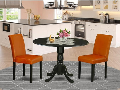 East West Furniture DLAB3-BLK-61 3 Piece Kitchen Table & Chairs Set Contains a Round Dining Room Table with Dropleaf and 2 Baked Bean Faux Leather Upholstered Chairs, 42x42 Inch, Black