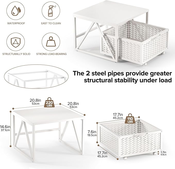 Urban Deco Mini Fridge Stand with Storage, Heavy Duty Fridge Cart with Drawer Basket, Mini Refrigerator Table for 220 LBS, Mobile Fridge Stand with Swivel Wheels for Dorm,Office,Home,White
