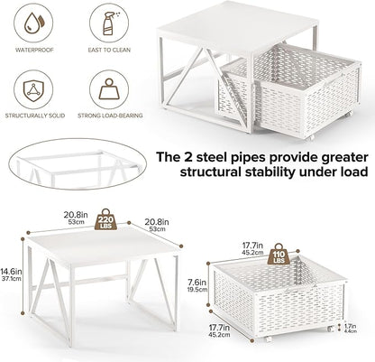 Urban Deco Mini Fridge Stand with Storage, Heavy Duty Fridge Cart with Drawer Basket, Mini Refrigerator Table for 220 LBS, Mobile Fridge Stand with Swivel Wheels for Dorm,Office,Home,White