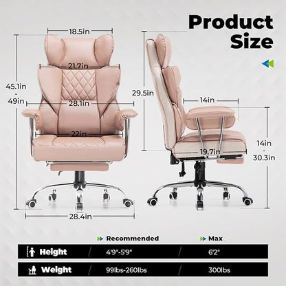 COMHOMA Big and Tall Office Chair, High Back Leather Gaming Chair with Footrest, Executive Ergonomic Office Chairs with Pocket Spring Lumbar Support and with Outward Fixed Soft Armrests