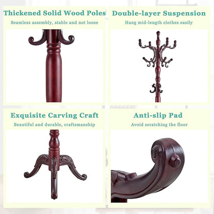 Solid Wood Coat Rack Freestanding, 77" Adjustable Hall Tree Hanger With Hooks, Coat Hanger Stand for Hanging Clothes Bags Hats in Living Room Bedroom