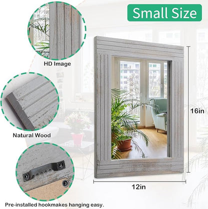 Rustic Wall Mirror Farmhouse, with Frame Wood Wall Mirror Rectangle Antique Decor Hanging Mirror for Bathroom Living Room Bedroom Entryway Small 16" x 12 "