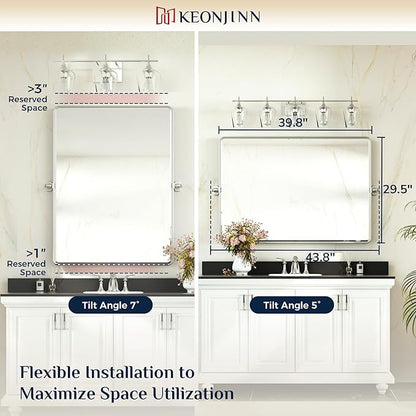 Keonjinn 40 x 30 Inch Large Pivot Mirror, Brushed Nickel Pivot Mirror Bathroom, Beveled Tilt Mirrors Bathroom for Over Sink, Rounded Corner Farmhouse Tilting Mirrors Wall Mount (Horizontal/Vertical)