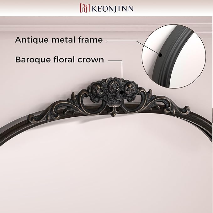 Keonjinn Vintage Arched Wall Mirror 30" x 36", Black Antique Mirrors with Metal Frame, Ornate Baroque Decoration for Mantle, Bathroom, Living Room, Fireplace, French Cleat Mounting
