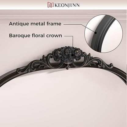 Keonjinn Arched Wall Mirror, 48" x 22" Vintage Mirror Full Length, Black Traditional Decoration Baroque Style, Ornate Mirrors for Hallway, Fireplace, French Cleat Mounting
