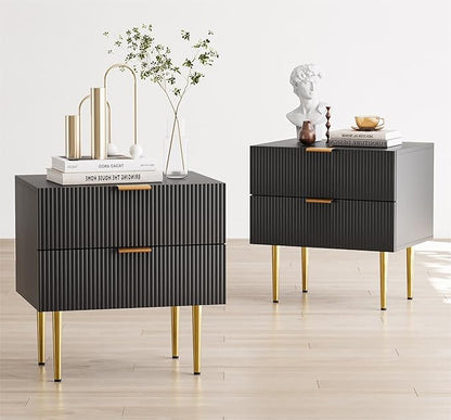 Black Nightstand for Bedroom, Fluted Night Stand Set of 2, Mid Century Modern Bedside Table with Gold Metal Legs