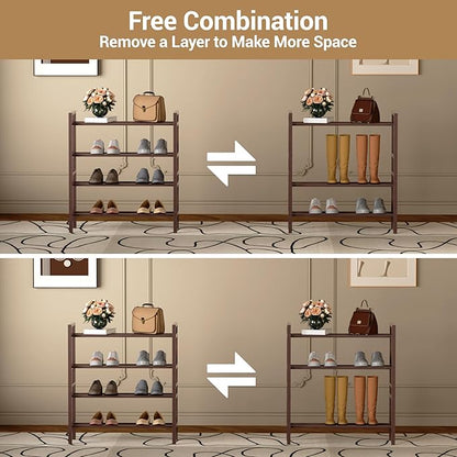 Haddockway Bamboo Shoe Rack for Closet, Free Standing Shoe Organizer with Smooth Round Rods & Convenient Handles, Stackable Shoe Storage Shelf for Entryway, Hallway(Brown, 4-Tier(Small))