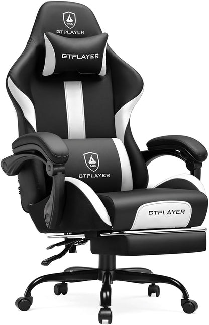 GTRACING Gaming Chair with Foot Rest & Pocket Spring Cushion, Ergonomic High Back Computer Chair with Headrest & 360°-Swivel Seat for Home Office Desk, PU Leather, White/Black