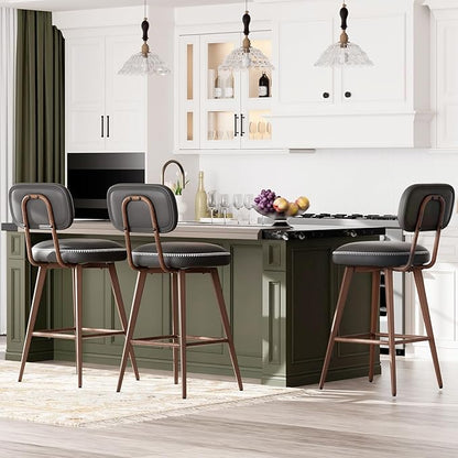 Swivel Bar Stools Set of 6, Mid Century PU Leather Counter Height Bar Chairs with Low Back and Metal Legs, Modern Bar Stool Chair for Kitchen Island, Black