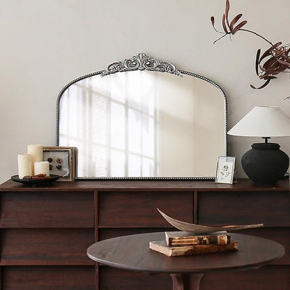 Micasso Vintage Ornate Baroque Mirror, 29" x 36" Large Silver Arched Wall Mirror for Bathroom, Living Room, Fireplace, and Bedroom