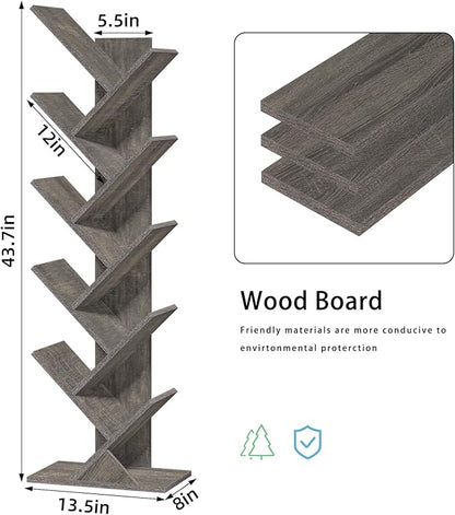 10 Tier Tree Book Shelf, Floor Standing Wood Bookshelf for Narrow Space, Storage Organizer Bookshelves for Books/CDs/Magazine, Bookcase with Shelves for Home Office, Living Room - Light Grey