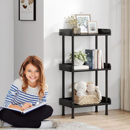 Hosfais Bookshelf Small Book Shelf, 3 Tier Wood Bookcase Industrial Bookshelf with Edge Protection Metal Standing Book Shelves Display Book Rack for Living Room Bedroom Home Office (Black)