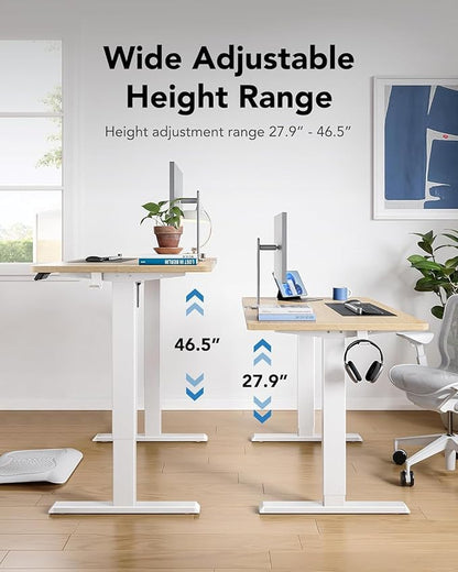 HUANUO 55" x 24" Electric Standing Desk Adjustable Height, 4 Memory Height Settings, Headphone Hook, Cable Manager, Sit Stand Up Desk for Home Office & Computer Workstation, Natural