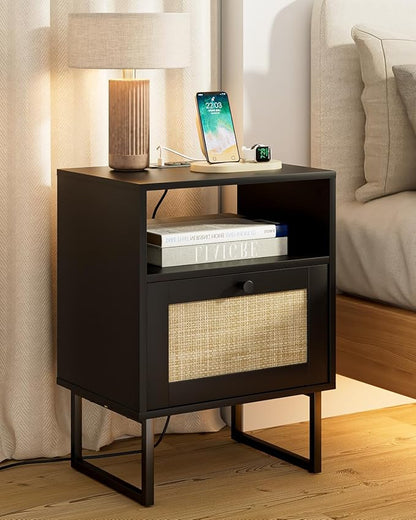 Rattan Nightstand with Charging Station, Mid Century Modern Night Stand,Boho Farmhouse Wood Bedside Table with Storage and Open Shelf, End Side Accent Table for Bedroom,Living Room,Black