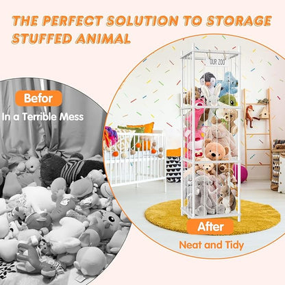Stuffed Animal Storage, 54 inch Large Plushy Organizers, Wood Stuffed Animal Zoo Storage, Space Save Vertical Stuffed Animals Holder Holds 50+ Stuffed Animals for Nursery Playroom Bedroom (White)