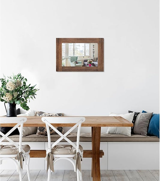 Wood Mirror Rectangular Framed Rustic Vintage Mirrors Decor Farmhouse Bedroom Bathroom Mirror for Dressing Table Entrance Small 16"x12" Brown