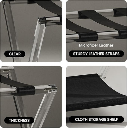 Sumerflos Acrylic Luggage Rack for Guest Room - Foldable Suitcase Stand with Leather Straps for Bedroom Living Room Hotel Heavy-Duty, Holds up to 50-100 lb lightweight Space Saving (Black & Shelf - 1 Pcs)