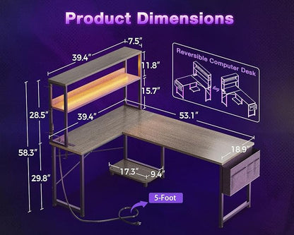 ODK 53 Inch L Shaped Desk with LED Lighting, Reversible Gaming Desk with Power Outlets, Cornor Computer Table with Storage Shelves & Bag & Iron Hook, Home Office Table for Writing, Study, Grey Oak