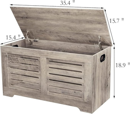 DINZI LVJ Storage Chest, Flip-Top Wooden Toy Box with 2 Safety Hinges, Retro Entryway Shoe Storage Bench, Sturdy Large Storage Trunk for Living Room, Bedroom, Easy Assembly, Greige